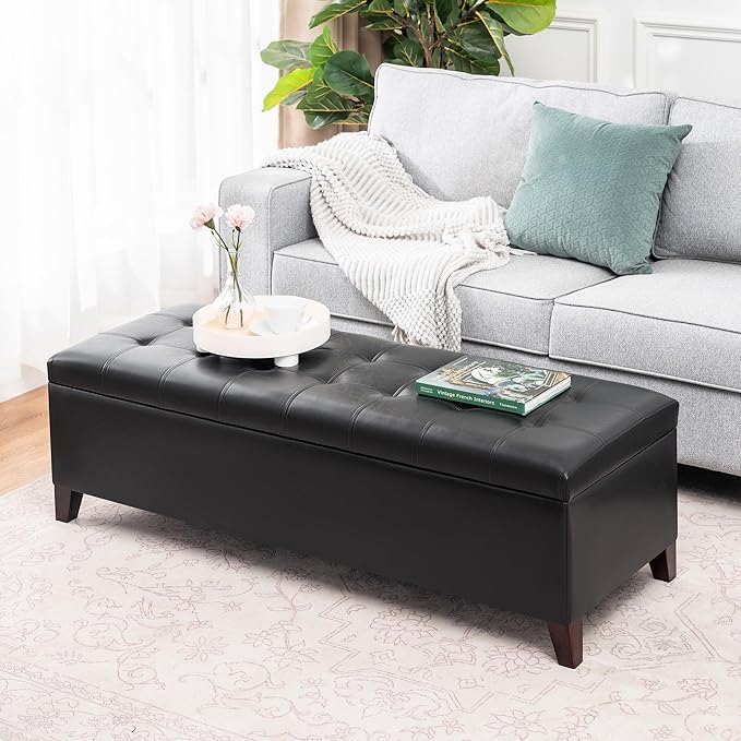 Joveco Storage Ottoman Bench, 51 Inch Leather Tufted Upholstered Bench for End Foot of Bed, Bedroom, Living Room, Black