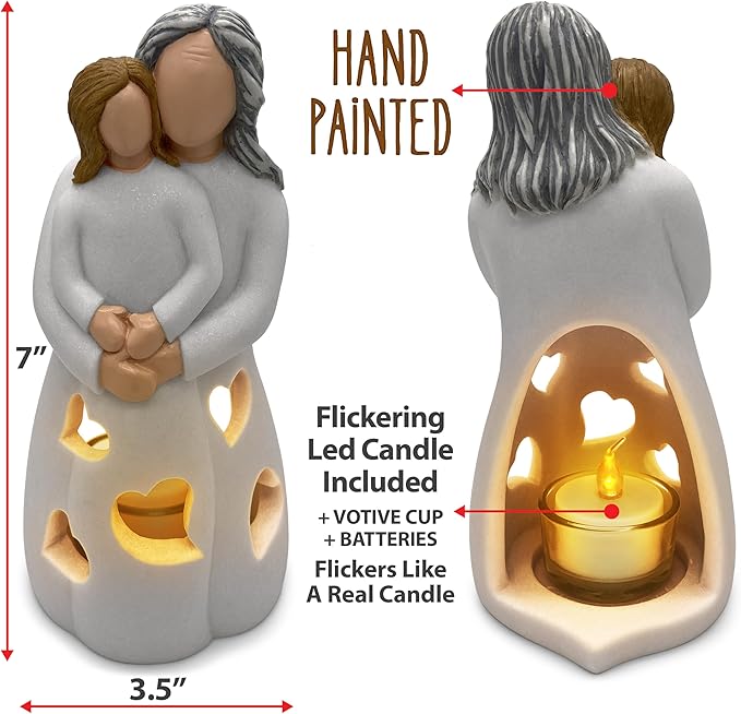 Hand-Painted Grandma-Granddaughter Candle Holder Statue Gift, with Flickering LED Candle | Gigi Grandmother Birthday Gift, Unique Nana Present Ideas for Christmas, Greeting Card Included