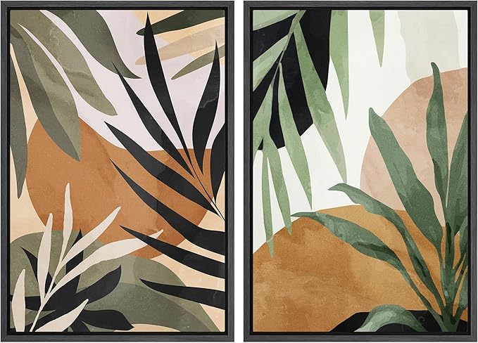 SIGNFORD Framed Canvas Print Wall Art Set Tropical Island Palm Leaf Geometric Collage Abstract Nature Illustrations Modern Art Decorative Minimalist Floral Botanical for Bedroom - 24"x36"x2 Black