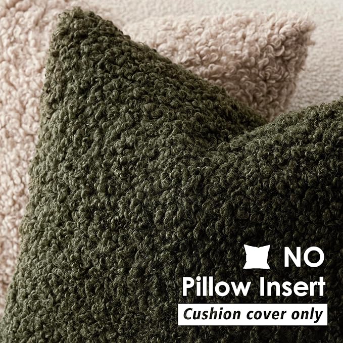 Foindtower Set of 2 Curly Teddy Wool Pillow Covers Decorative Boucle Textured Lumbar Throw Pillow Faux Fur Sherpa Pillowcases Sheepskin Fuzzy Cushion Case for Sofa Bedroom Car 12"x20" Olive Green