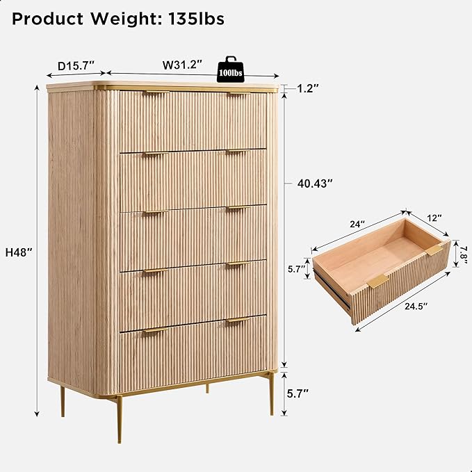 T4TREAM Fluted 5 Drawers Dresser for Bedroom, 48" Tall Modern Dresser Chest of Drawers, Gold Accents, Fluted Fronts, Wood Storage Dressers Organizer for Bedroom, Living Room, Natural Oak