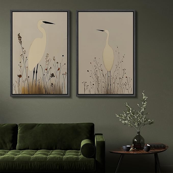 SIGNFORD Framed Canvas Print Wall Art Set Minimalist Heron Art Simplified Shapes in Neutral Tones Illustration Modern Art Decorative Nordic Nature for Living Room, Bedroom, Office - 16"x24"x2 Black
