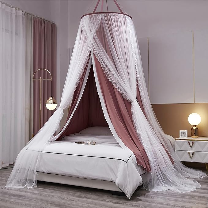 VETHIN Double Layer Princess Round Dome Canopy Bed Curtain for Girls Adults,Children Dreamy Mosquito Net,Cute Bedroom Decoration Castle Play Tent Reading Nook Canopies (Dome-Rust Red/White)