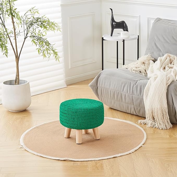 Wimarsbon Pouf Ottoman, 100% Cotton Knitted Boho Footstool, Round Footrest with Non-Skid Wood Legs, Home Décor Handmade Pouffe, Leisure Floor Step Stool for Living Room (Dark Green)
