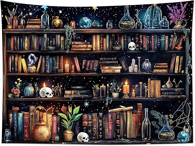 HVEST Magic Bookshelf Tapestry Vintage Bookshelf Witchy Books Plant Skull Gothic Halloween Tapestry Wall Hanging Starry Sky Wall Decor for Bedroom Living Room Dorm, 40L x 60W Inches