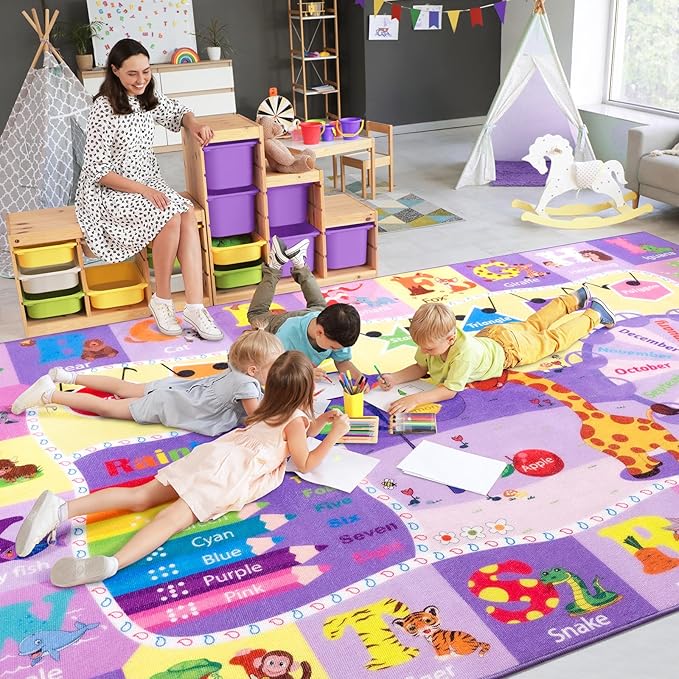 Kids Rugs for Playroom Bedroom Classroom Nursery, Non-Slip and Washable Rugs for Children Toddlers Girls, Educational and Fun Rug Carpets with ABC Alphabet Animals Shapes, 4x6, Purple
