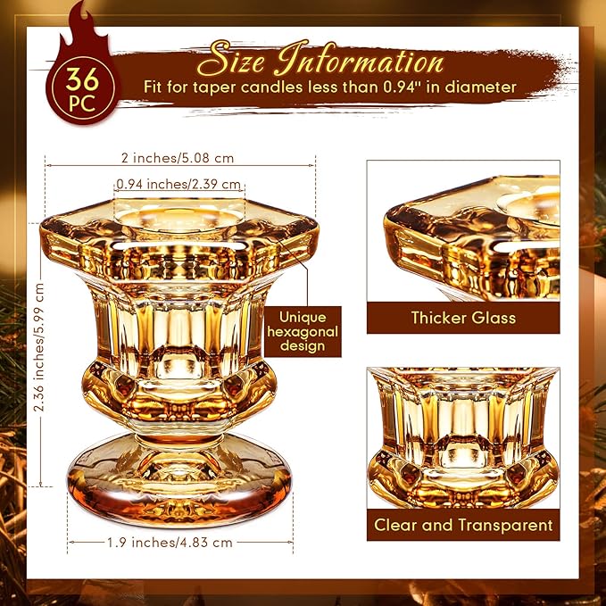 Foaincore 36 Pcs Candlestick Holders Bulk 2.36 Inch Taper Candle Holders Small Glass Candle Holder for Wedding Table Centerpiece Party Decoration (Amber)