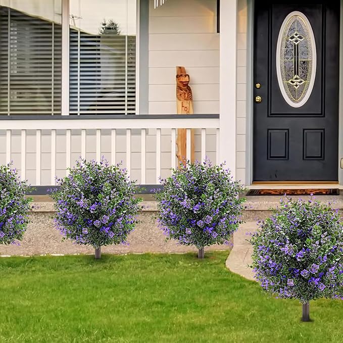 Artificial Boxwood Topiary Ball Trees with Ground Spikes UV Resistant Faux Greenery Shrubs Fake Shrubs for Outdoors, Realistic Faux Plants Bushes for Garden Porch Yard Patio Decor (Purple Green)