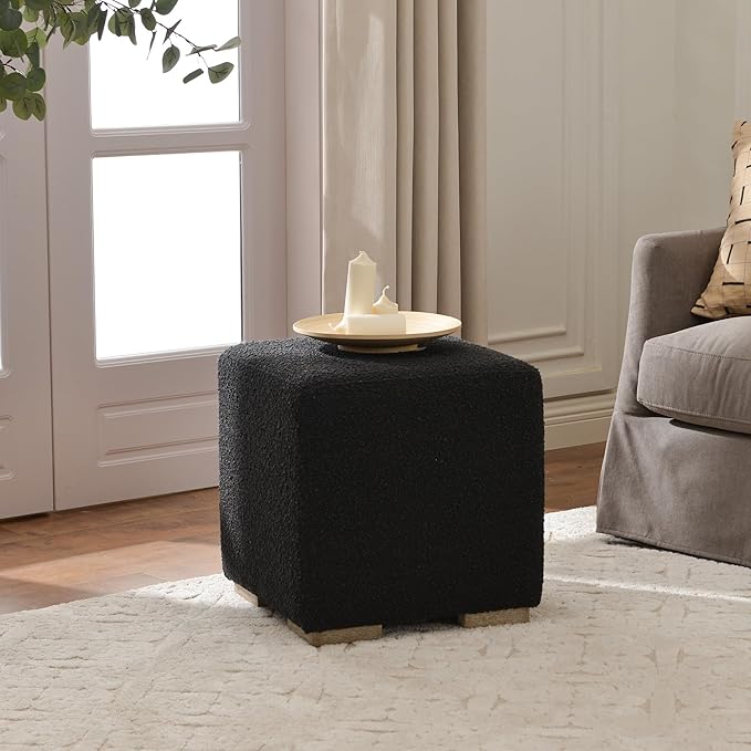 KINWELL 18.5" Wide Modern Square Boucle Upholstered Ottoman with Solid Wood Legs, Cube Ottoman Multi-Functional Sofa Footrest, Extra Seating for Living Room, Bedroom, Fully Assembled (Black)