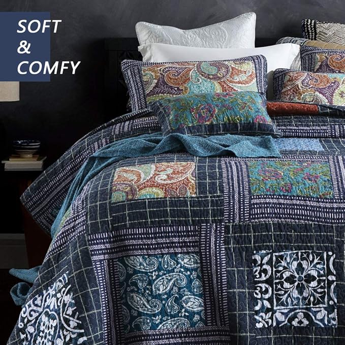 Secgo Twin Size Quilt Size - 100% Cotton Comforter Set Bedding Sets (68 * 86 Inch) with 2 Pillow Shams, Patchwork Reversible Lightweight Bedspread