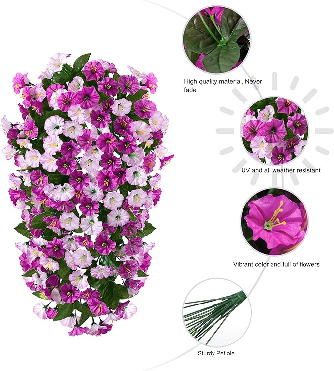 HyeFlora Artificial Fake Hanging Flowers Plants for Outdoor Outside, 2PCS Faux Silk Morning Glory Trailing Vines UV Resistant Look Real for Home Planter Porch Patio (Light Fuchsia+Fuchsia)