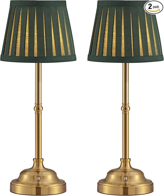 KDG Cordless LED Table Lamp Set of 2, Portables Fabric Shade Desk Lamps, 4000mAh Rechargeable Battery Powered Lighting, Dimmable Light for Dining Room, Bedroom, Bedside, Night Light, Balcony (Green)