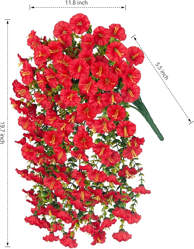 Artificial Faux Hanging Flowers Plants for Outdoor Decor,2 PCS Fake Silk Morning Glory with Eucalyptus Greenery UV Resistant Realistic Vines for Wall Home Porch Patio Balcony Yard Indoor Decor, Red