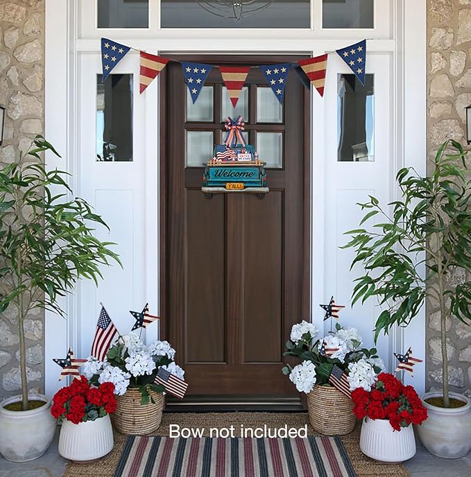 Interchangeable Welcome Sign for Front Door Blue Farmhouse Truck Decor Hanging Sign with 11 Interchangeable Seasonal and Holiday Decor Signs 12x14 in. (Blue Farmhouse Truck)