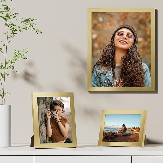 Vittanly 11x14 Picture Frames Set of 9, Shatter Resistant Plexiglass, Display 8x10 Pictures with Mat or 11x14 without Mat, Photo Frames for Wall or Tabletop, Engineered Wood, Gold