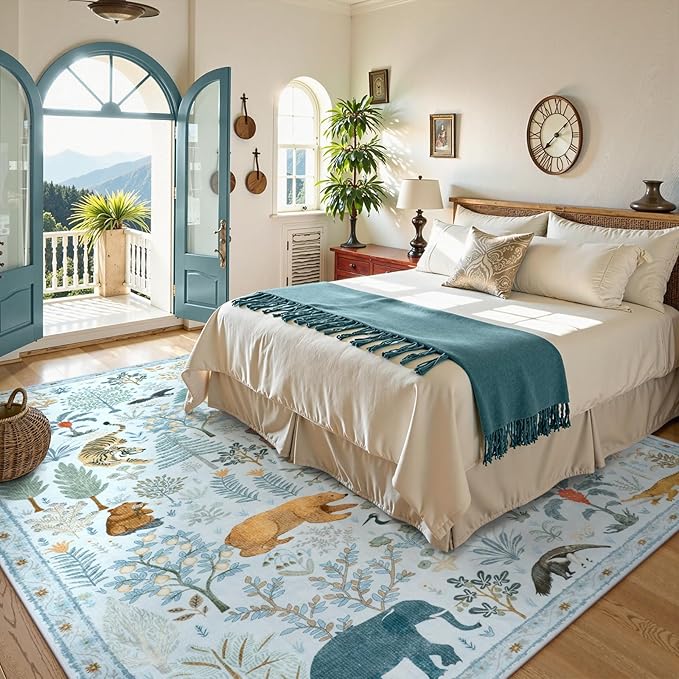 OJIA Animal Area Rugs 8x10, Soft 8x10 Washable Rugs for Living Room Bedroom, Non-Slip Boho Ultra-Thin Dining Room Rug Large Throw Carpet for Farmhouse Playroom Office, Light Blue