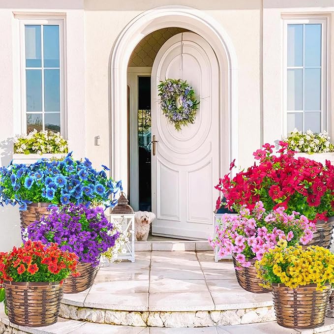 24 Bundles Artificial Flowers for Outdoors & Indoors – UV Resistant Faux Plastic Plants for Garden, Patio, Porch, Window Box, Home Decor – Lush & Vibrant Fake Flowers, Multicolor