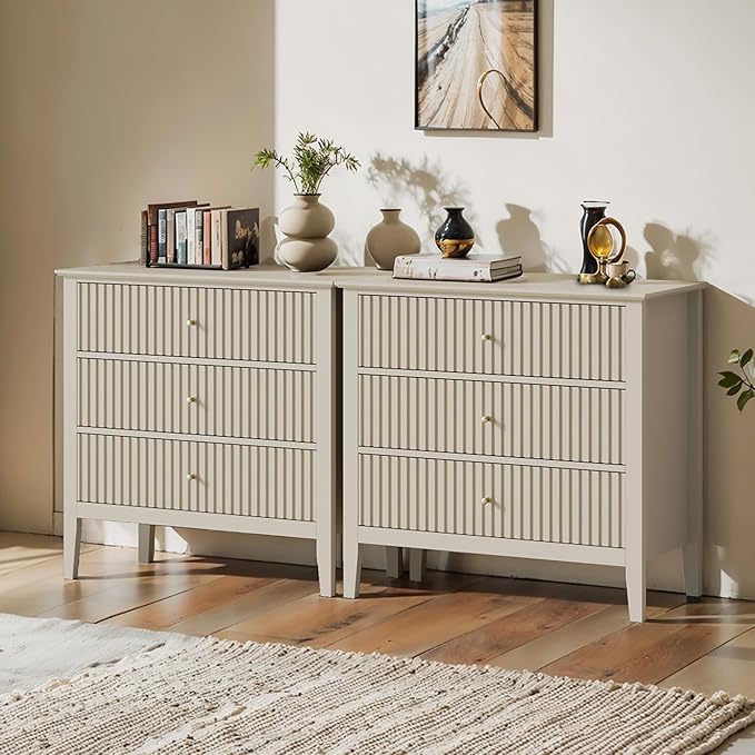 Large Beige 3 Drawer Dresser, Painted 30 Inch Tall Wood Nightstand with Storage, Wide Modern Chest of Drawers with Ball Bearing Slide for Bedroom Hallway Living Room Entryway Office