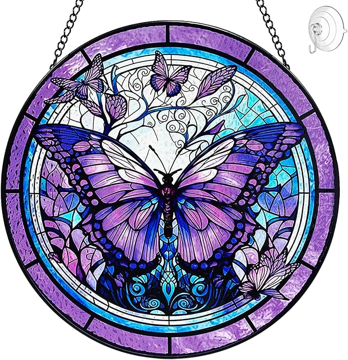 Butterfly Suncatcher Stained Glass Window Hanging - 8” Handmade Stained Glass Suncatchers for Windows Hanging - Sun Catchers Indoor Wall Art Garden Decor Catcher with Hook - Butterfly Gift for Women
