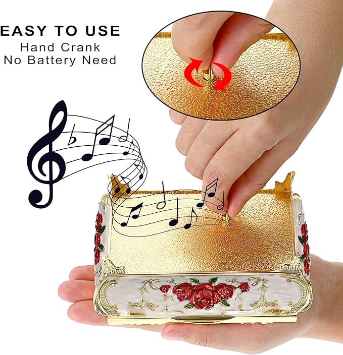 ELLDOO Vintage Music Box, Beige Metal Musical Jewelry Box Keepsake Box, Small Trinket Jewelry Storage Box Gift for Girl Women (Tune: You are My Sunshine), Red Rose Pattern