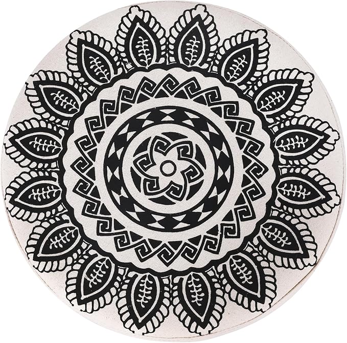 Asense Small Round Ottoman Foot Rest Stool Linen Padded Seat Footstool Ottoman with Anti-Slip Wooden Legs (White+Black,Linen)