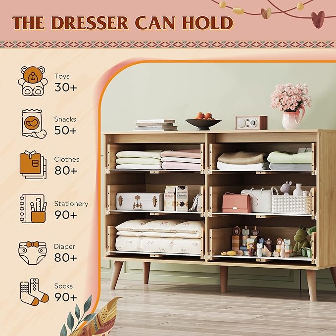 WLIVE Rattan Dresser for Bedroom, 6 Drawer 47.24'' Wide Boho Wood Dresser, Chest of Drawers, Gold Metal Handle, TV Stand for 55 inch TV, Storage Cabinet for Living Room, Hallway, Light Oak