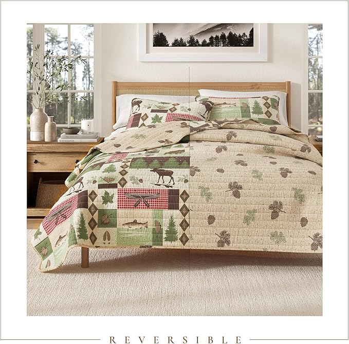 Great Bay Home 3-Piece Reversible Rustic Lodge Bedspread Full/Queen Size Quilt with 2 Shams. All-Season Quilt Set. Wilder Collection (Full/Queen)