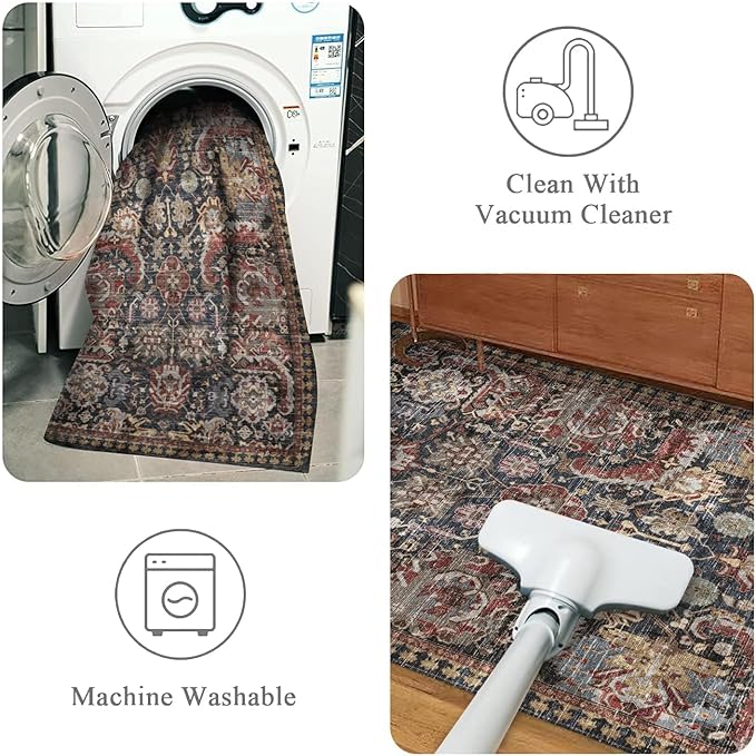 RUGSURE Washable Area Rugs - Perfect for Living Room, Bedroom, Kids Room, Nursery - Stain & Water Resistant Non-Slip, Pet & Child Friendly, Vintage Tribal Area Rugs (Rust, 9' x 12')