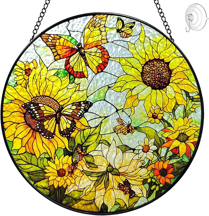 Sunflower Sun Catcher Stained Glass Window Hangings - 8” Handmade Butterfly Stained Glass Suncatches for Windows - Sun Catchers Indoor Wall Art Home Garden Suncatcher - Sunflower Gifts for Women Mom