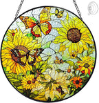 Sunflower Sun Catcher Stained Glass Window Hangings - 8” Handmade Butterfly Stained Glass Suncatches for Windows - Sun Catchers Indoor Wall Art Home Garden Suncatcher - Sunflower Gifts for Women Mom