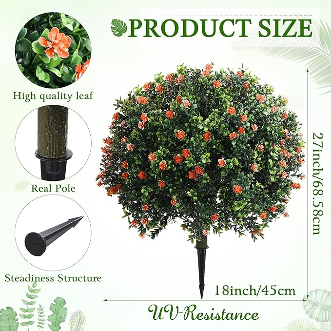 Yunlly Set of 2 Artificial Boxwood Topiary Ball Tree Fake Bushes Shrubs Outdoor Faux Plant with Ground Spike Flowers UV Resistance Greenery for Front Porch Garden Patio Indoor(Orange,27x18inch)