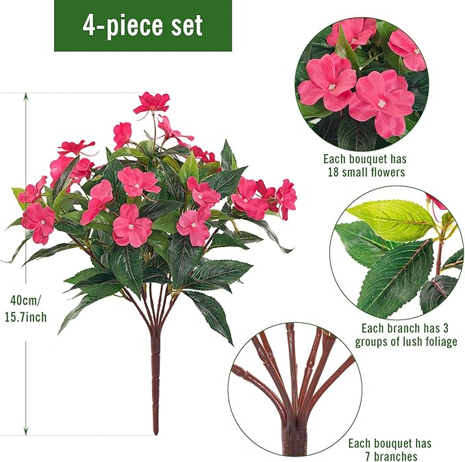 Artificial Impatiens Bouquet Flowers for Outdoors Silk Faux Flowers for Outdoor Impatiens Plants Decor Indoor Planters Kitchen Planters and Balcony Decorations 4PCS (Rose Red)