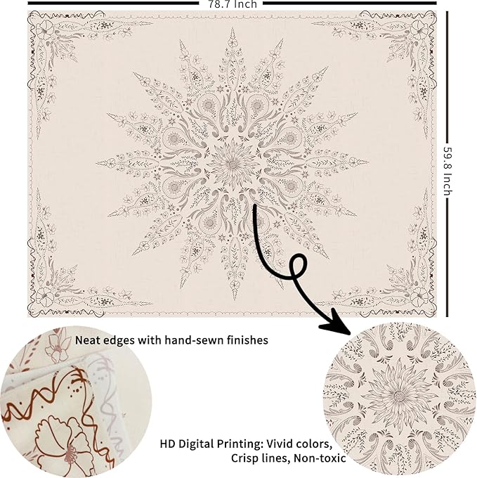 Damanse Floral Tapestry Wall Hanging Cute,Boho Wall Tapestry for Bedroom Aesthetic,Mandala Living Room Decor for Teen Girls (Flaxen, 59.80" x 78.70")