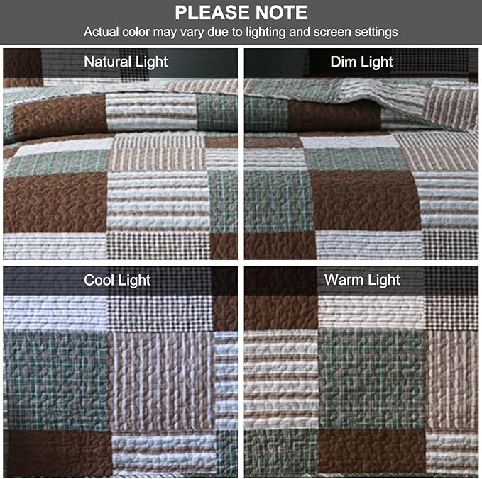 PANGUSHAN 100% Cotton Quilt Set Queen Size, Patchwork Plaid Queen Quilt Bedding Set Bedspreads, Farmhouse Lightweight Comforter Reversible Quilt, Brown/Green Bed Spread for Queen Bed, 3 Pieces