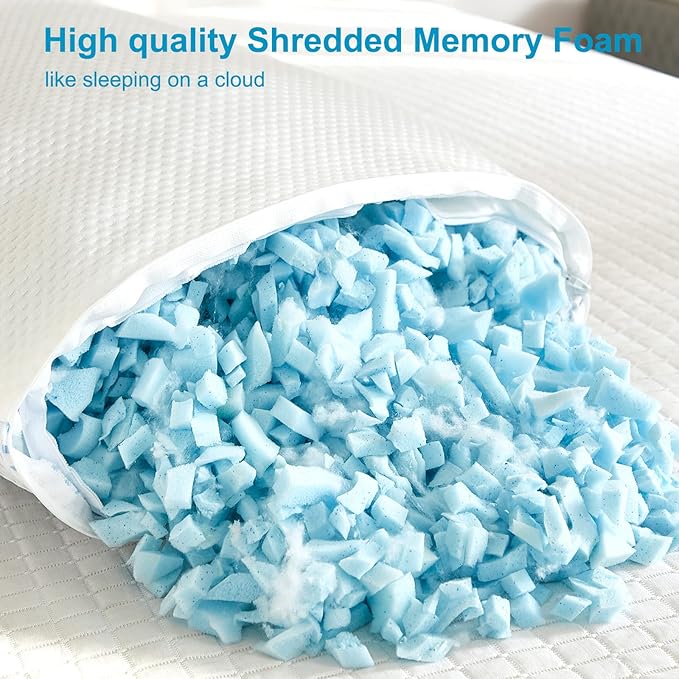 Cooling Pillow for hot Sleepers - Pillow for Side and Back Sleeper - Adjustable Bed Pillows Queen for Neck and Shoulder Pain Relief - Shredded Memory Foam Cooling Gel Pillow with Extra Fill
