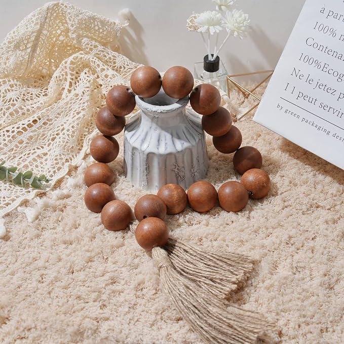 OMISHE Extra Large Wood Bead Garland Brown with 1.6" Diameter Wooden Beads and Tassels, 41" Long Rustic Farmhouse Country Decorative Beads for Home Tiered Tray Decor, Brown