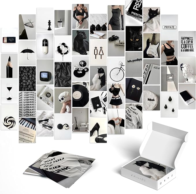 Mystic Black & White Aesthetic Wall Collage Kit – 50 Bold & Mysterious Photos, 4"x6" Semi-Gloss Prints for Teen Girls Dorm Room Decor, Monochrome Minimalist Art, Ideal Gift for Birthday & Graduation