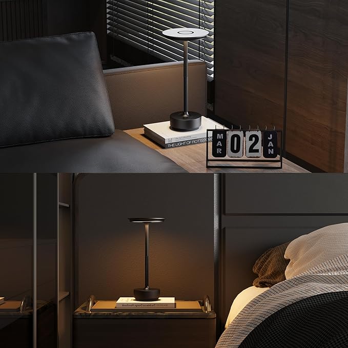 Cordless Table Lamp, LED Rechargeable Table Light with 3 Temp Settings, Stepless Dimming, 5000mAh Battery, USB-C, Memory, Aluminum Alloy, for Home, Patio, Restaurant, Outdoor. Black