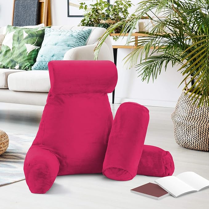 Nestl Reading Pillow Large Bed Pillow, Back Pillow for Sitting in Bed Shredded Memory Foam Chair Pillow, Reading & Bed Rest Pillows Hot Pink Back Pillow for Bed, Bed Chair Arm Pillow with Pockets
