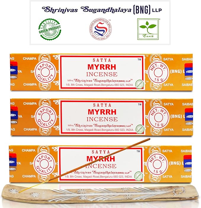Satya Nagchampa Myrrh Incense Sticks, Satya Bng (Bangalore) Insenses 15gmx3 Pack (45 GMS) with Raajsee Incense Holder Bundle, Satya Nagchampa Natural Incense