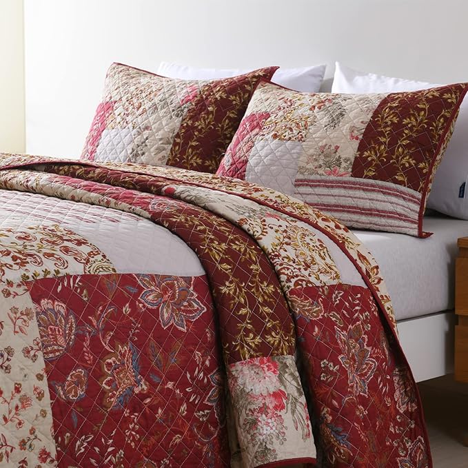 Yvooxny Quilt Set Queen Bedspread Country Farmhouse Cottage Vintage Ditsy Floral Paisley Style Reversible Lightweight Coverlet Set Real Patchwork Quilt for All Seasons, Antique Rose, Queen Size