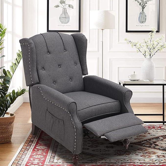 Wingback Recliner Chair with Massage and Heat, Tufted Fabric Push Back Recliner Chair for Living Room, Vintage Wingback Chair with Remote Control, Padded Cushion, Backrest, Wooden Legs