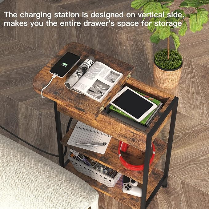 LIDYUK End Table with Charging Station, Flip Top Side Table with USB Ports and Outlets, Nightstand for Small Spaces, Bedside Tables with Storage Shelf for Living Room, Bedroom, Brown