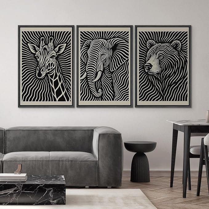 SIGNWIN Framed Canvas Print Wall Art Wildlife Portrait Giraffe, Elephant, and Bear Photography Modern Art Minimalist Black and White for Living Room, Bedroom, Office - 16"x24"x3 Black