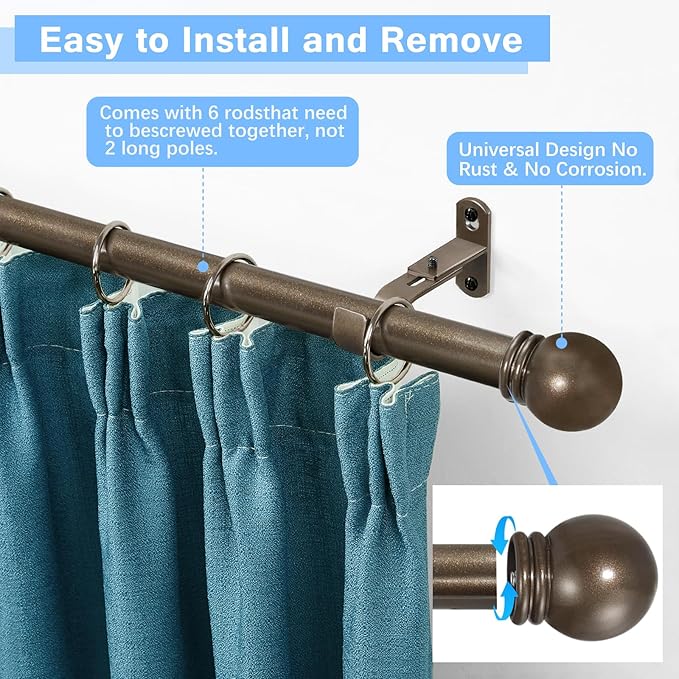 Curtain Rods for Windows 16 to 92 Inches, Curtain Rod Max Adjustable Length of 104 IN, 1" Diameter Drapery Rods Round Finials, Brown, Pack of 1