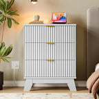 30.5" Nightstand with Charging Station, 3-Drawer Fluted Bedroom Chest, Wood Bedside Dresser with Power Outlets and USB Ports, Metal Slides, Stable Base, Modern Storage Cabinet for Small Spaces