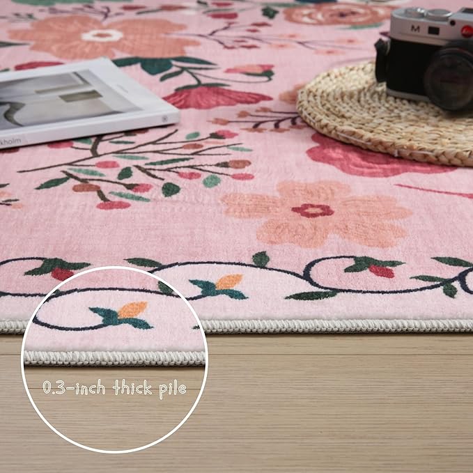 Door Mat Indoor Entrance 2x3 Rug Machine Washable Boho Floral Small Area Rug Non-Slip Low Pile Throw Rugs for Entryway, Kitchen, Front Door Indoor Entrance, Entry, Kids Room (Pink)