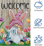 Welcome Easter Gnome Garden Flag 12x18 Double Sided Burlap, Funny Bunny Floral Small Yard Flag Banner for Holiday Farmhouse Outdoor Decor (ONLY FLAG)
