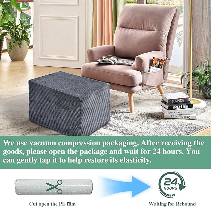 Rectangular Stuffed Pouf Ottoman with Foam Chunk Filling, Coral Fleece and Furry Fabric Design, Multi-Functional Floor Pouf for Living Room, Dark Grey