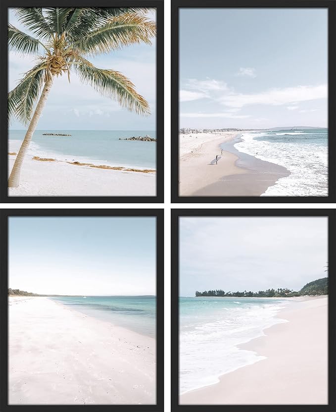 SIGNWIN Framed White Beach Shore Tropical Palm Tree Island Wall Art, Set of 4 Landscape Colorful Wall Decor Prints, Nature Wilderness Wall Décor for Living Room, Bedroom - 12"x16" Black